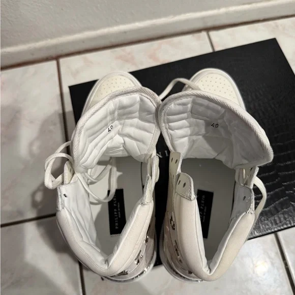 Philipp Plein White High-Top Sneakers Skull Logo Size 40
